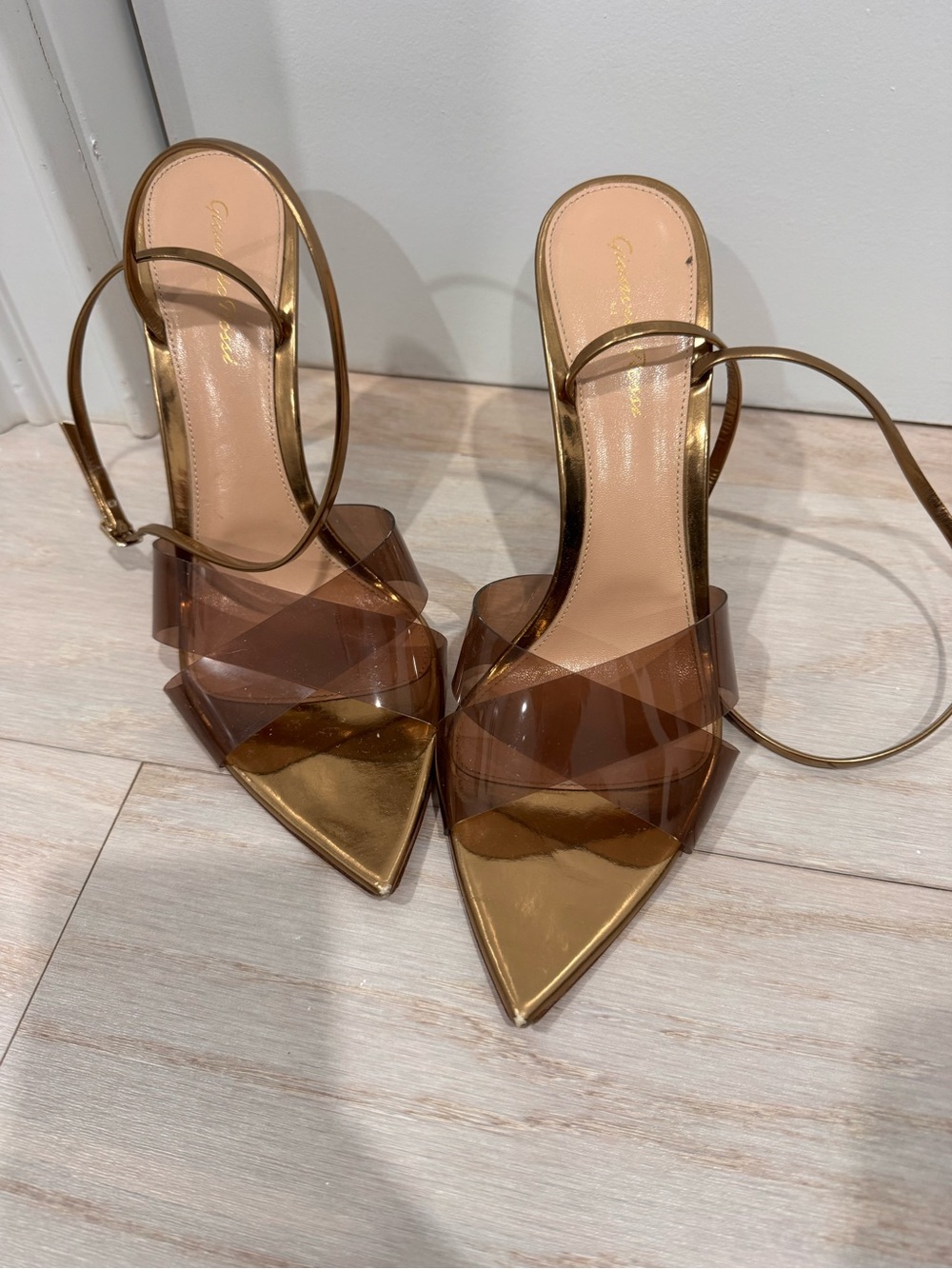 Gianvito Rossi Metallic Gold Pointed PVC Crossover Strap Heels